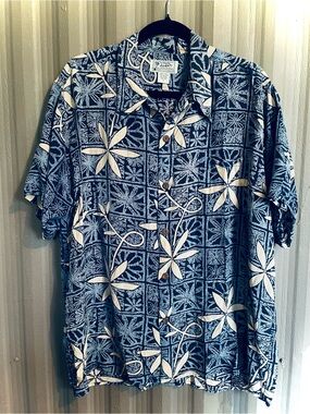 Vintage AVANTI Hawaiian Silk Shirt Blue Floral Aloha Camp Loop Collar Retro sz L